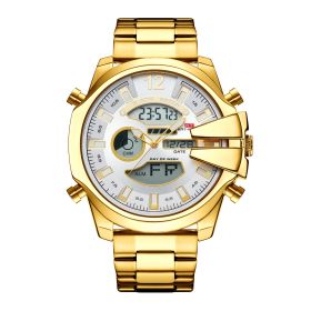 New Men's Double Display Alarm Clock Led Sports Steel Watch Waterproof (Option: Gold white)