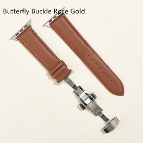 Men's Minimalist And Versatile Cowhide Strap (Option: Light Brown-Butterfly Buckle Rose Gold-42or44or45or49MM)