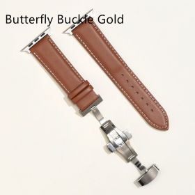 Men's Minimalist And Versatile Cowhide Strap (Option: Light Brown White Line-Butterfly Buckle Gold-38or40or41MM)