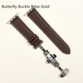 Men's Minimalist And Versatile Cowhide Strap (Option: Brown White Line-Butterfly Buckle Rose Gold-42or44or45or49MM)