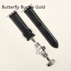 Men's Minimalist And Versatile Cowhide Strap (Option: Black White Line-Butterfly Buckle Gold-42or44or45or49MM)