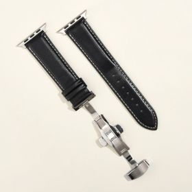 Men's Minimalist And Versatile Cowhide Strap (Option: Black White Line-Butterfly Buckle Silver-38or40or41MM)