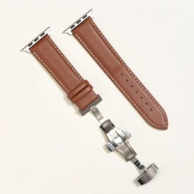 Men's Minimalist And Versatile Cowhide Strap (Option: Light Brown-Butterfly Buckle Silver-42or44or45or49MM)