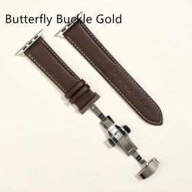 Men's Minimalist And Versatile Cowhide Strap (Option: Brown White Line-Butterfly Buckle Gold-42or44or45or49MM)