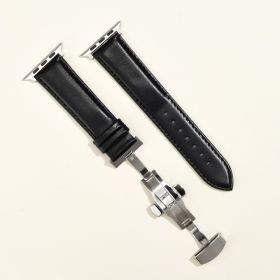 Men's Minimalist And Versatile Cowhide Strap (Option: Black Black Line-Butterfly Buckle Silver-42or44or45or49MM)