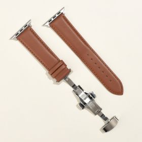 Men's Minimalist And Versatile Cowhide Strap (Option: Light Brown White Line-Butterfly Buckle Silver-42or44or45or49MM)