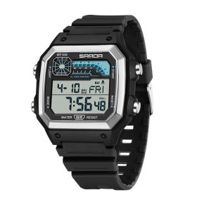 Electronic Watch Luminous Waterproof Sports Men Thin Square (Option: Black Silver)