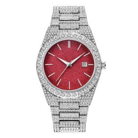 Men's Diamond Calendar Quartz Watch (Option: Silver Streak Red Noodles)