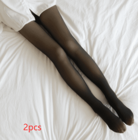 Fake Translucent Plus Size Leggings Fleece Lined Tights Fall And Winter Warm Fleece Pantyhose Women Fleece Lined Pantyhose Thermal Winter Tights (Option: 2pcs Black skin with feet-220g fleece and thickened)