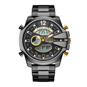 New Men's Double Display Alarm Clock Led Sports Steel Watch Waterproof (Option: Black Gold)