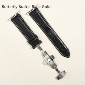 Men's Minimalist And Versatile Cowhide Strap (Option: Black White Line-Butterfly Buckle Rose Gold-38or40or41MM)